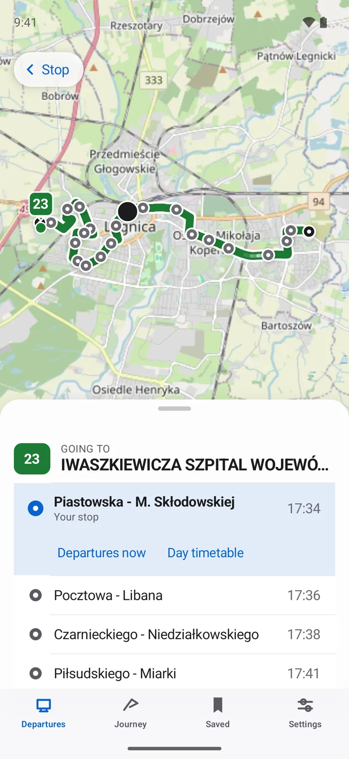 A line's route on the map of Legnica with its stops and times in the Zdążę app