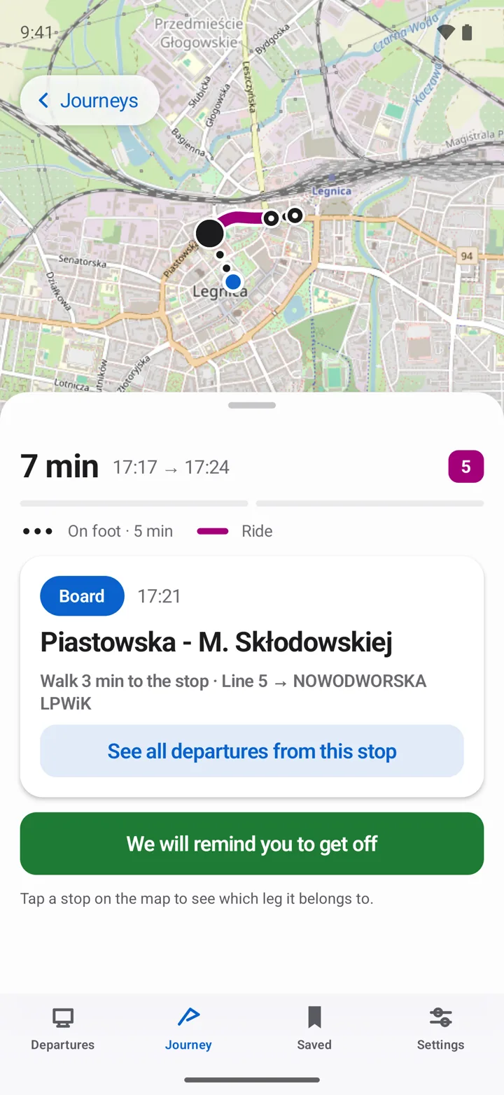 Journey details in the Zdążę app with the get-off reminder turned on