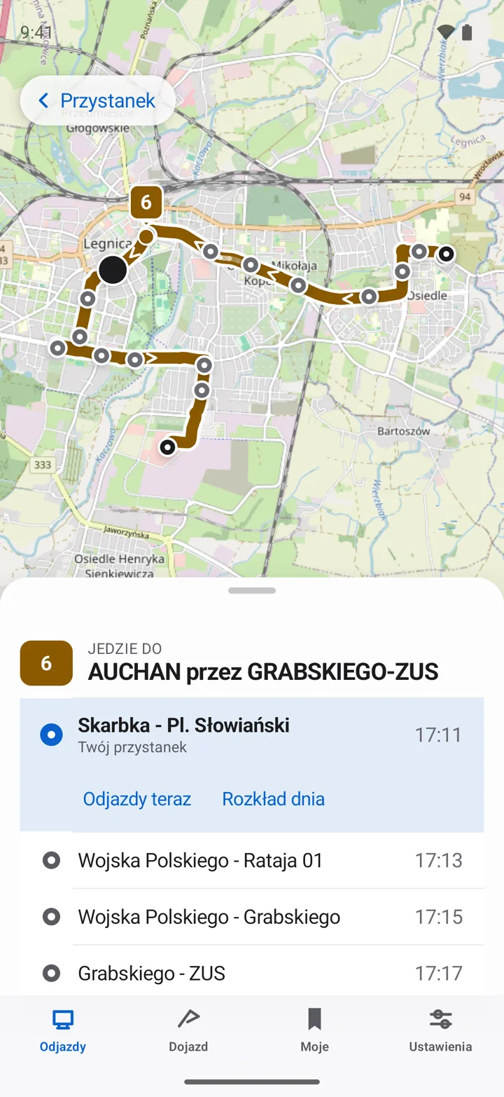 Trasa linii na mapie Legnicy z listą przystanków i godzin w aplikacji Zdążę