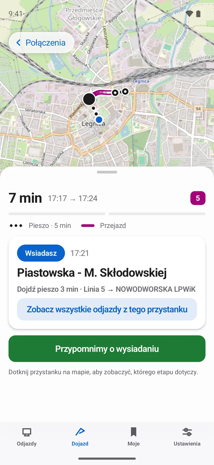 Szczegóły przejazdu w aplikacji Zdążę z włączonym przypomnieniem o wysiadaniu